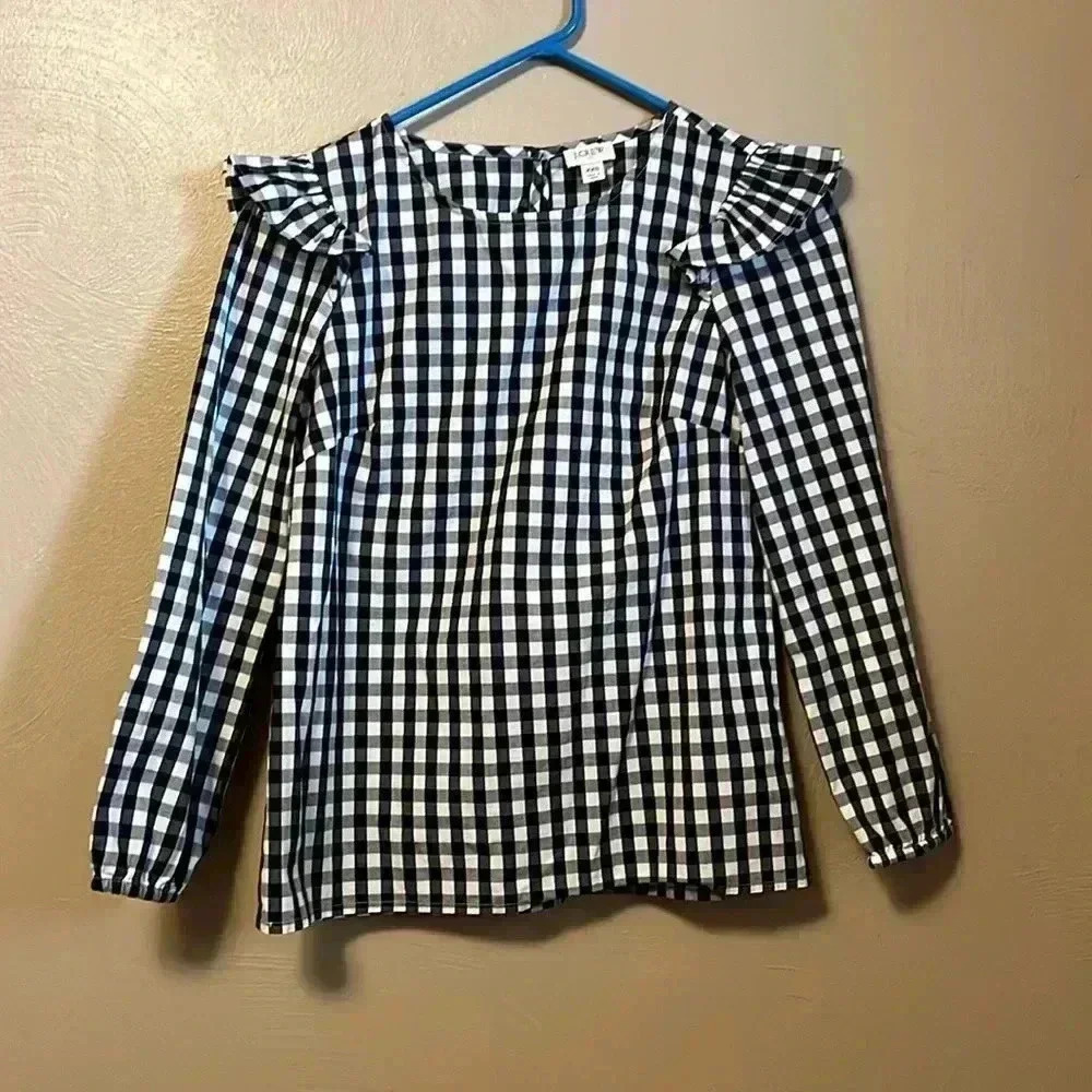 J Crew XXS Bkue/White Gingham LS Ruffle Detail